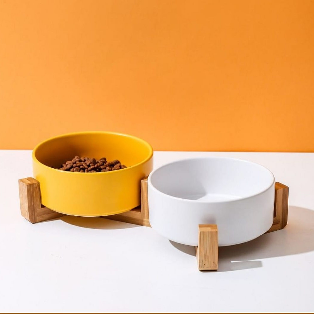 Comedero o Bebedero en Ceramica soporte en Madera